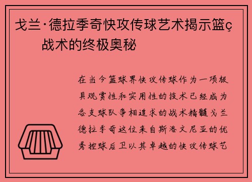 戈兰·德拉季奇快攻传球艺术揭示篮球战术的终极奥秘